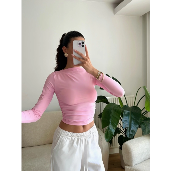 Kayık Yaka Crop - PEMBE