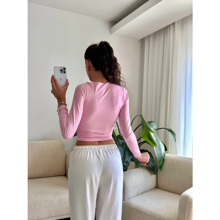Kayık Yaka Crop - PEMBE