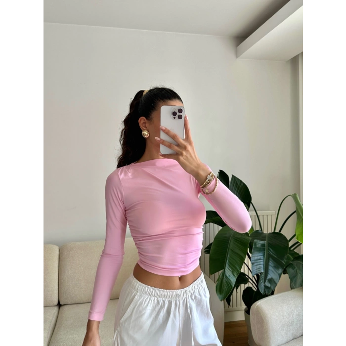 Kayık Yaka Crop - PEMBE