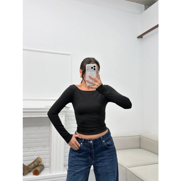 Kayık Yaka Crop - SİYAH