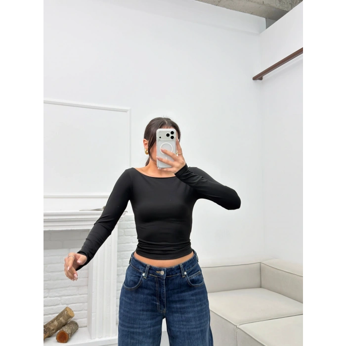 Kayık Yaka Crop - SİYAH