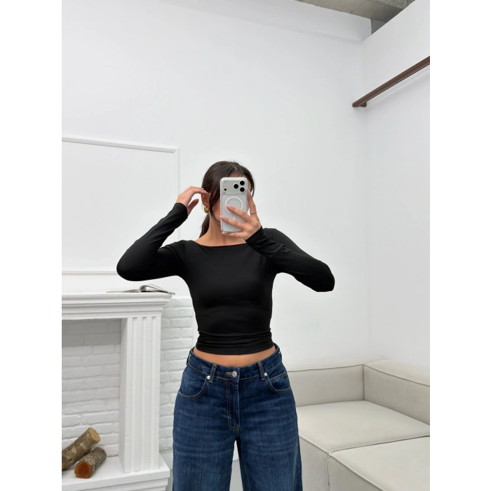 Kayık Yaka Crop - SİYAH