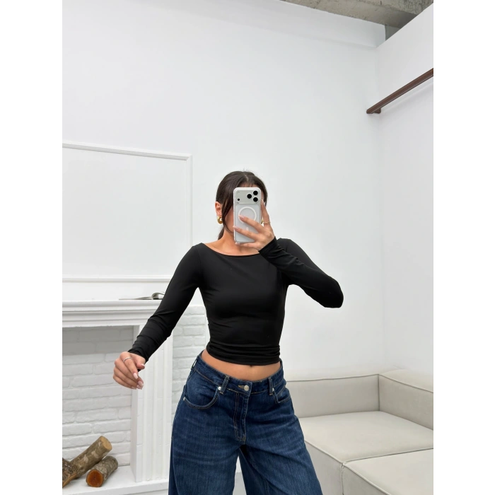 Kayık Yaka Crop - SİYAH