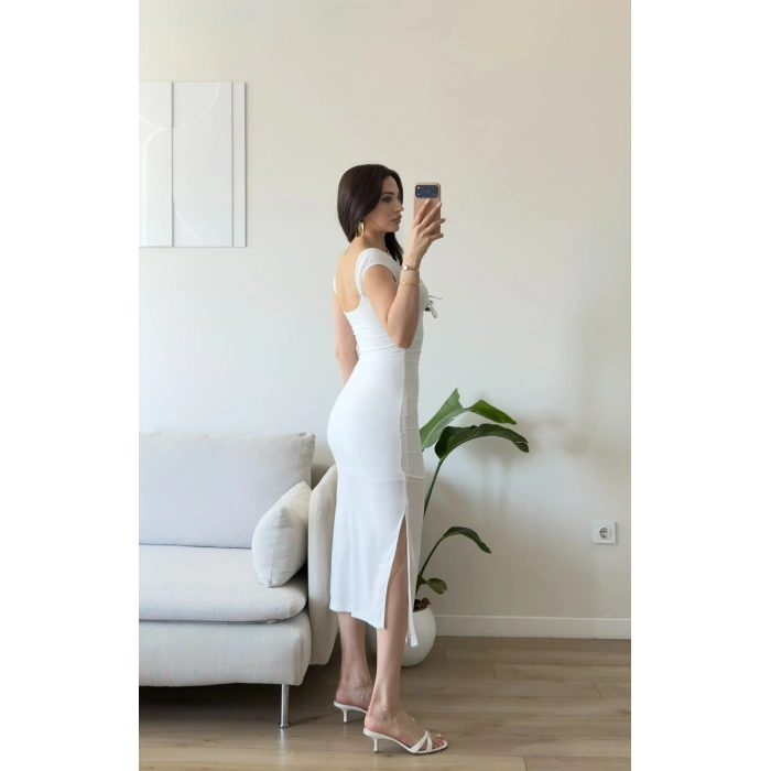 Kayık Yaka Dantel Detay Elbise - BEYAZ