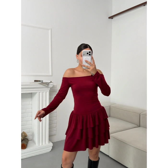 Kayık Yaka Fırfırlı Elbise - BORDO