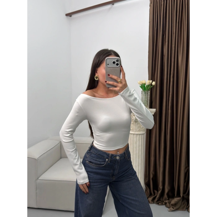 Kayık Yaka Modal Crop - BEYAZ