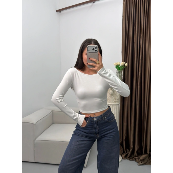 Kayık Yaka Modal Crop - BEYAZ