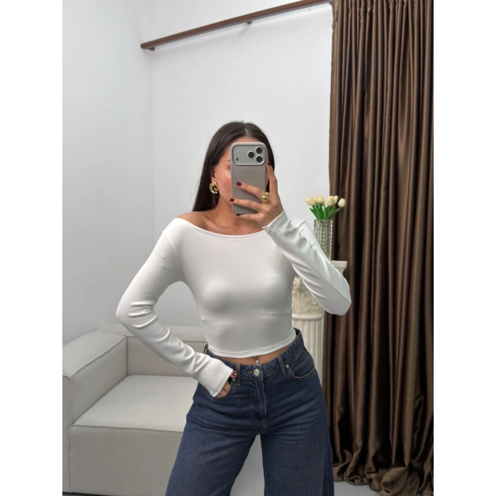 Kayık Yaka Modal Crop - BEYAZ