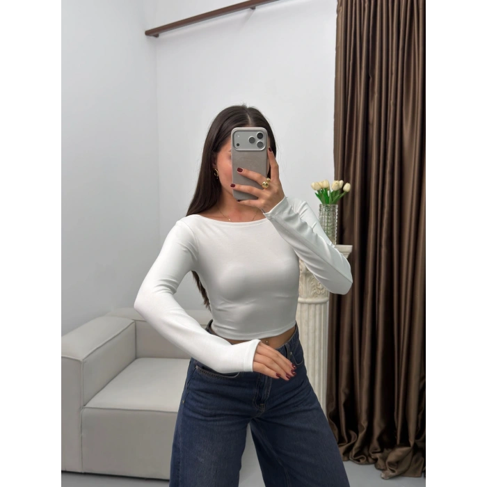 Kayık Yaka Modal Crop - BEYAZ