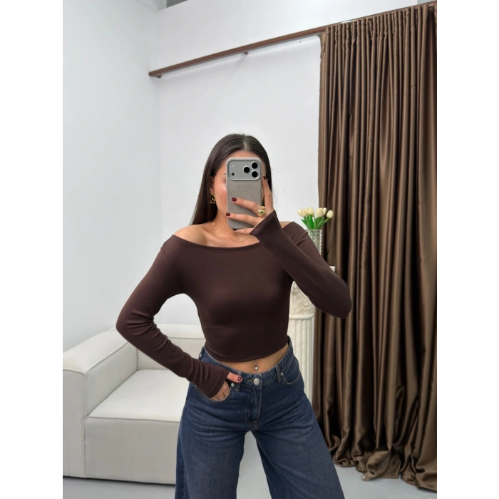 Kayık Yaka Modal Crop - KAHVE