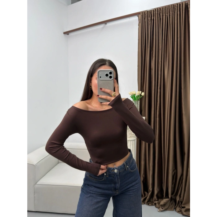 Kayık Yaka Modal Crop - KAHVE