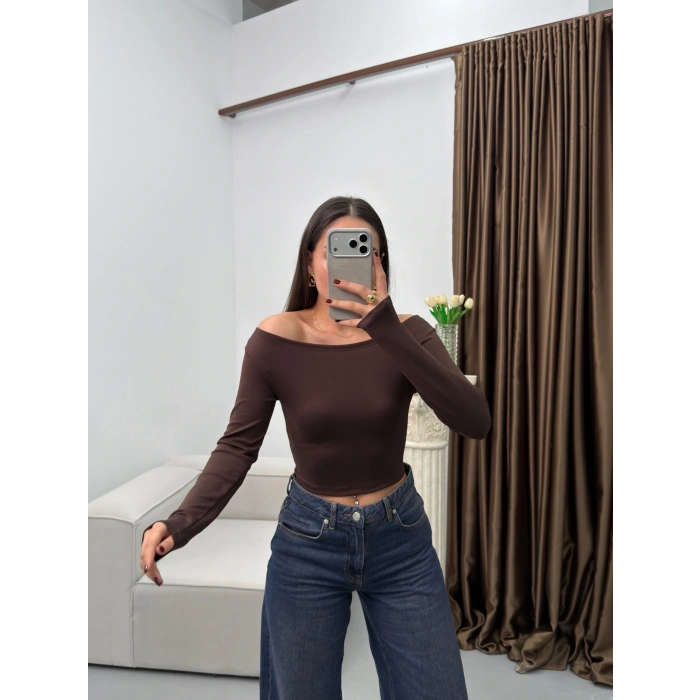 Kayık Yaka Modal Crop - KAHVE