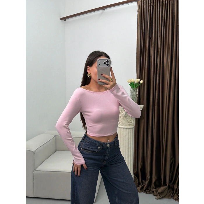 Kayık Yaka Modal Crop - PEMBE