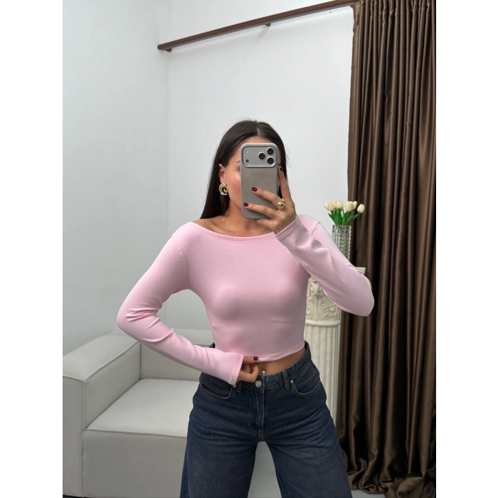 Kayık Yaka Modal Crop - PEMBE