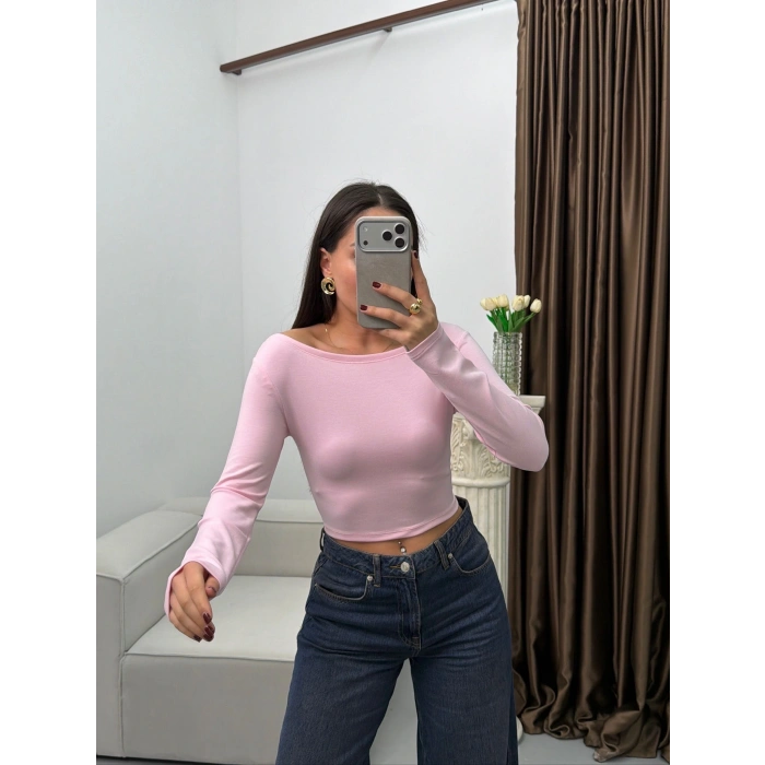 Kayık Yaka Modal Crop - PEMBE