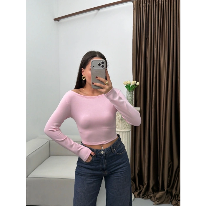 Kayık Yaka Modal Crop - PEMBE