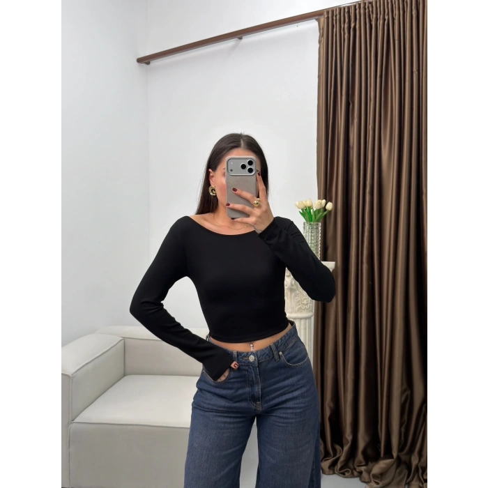 Kayık Yaka Modal Crop - SİYAH