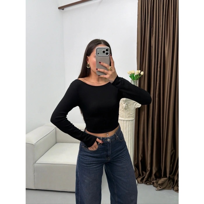 Kayık Yaka Modal Crop - SİYAH