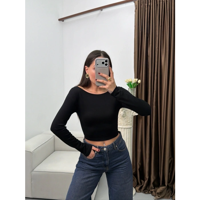 Kayık Yaka Modal Crop - SİYAH