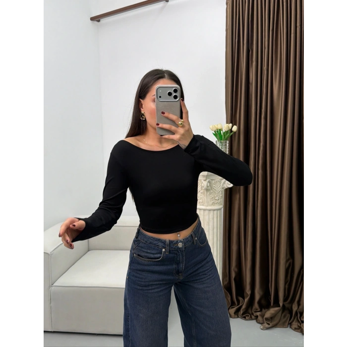 Kayık Yaka Modal Crop - SİYAH