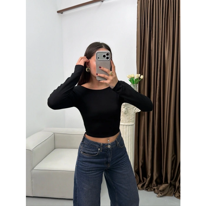 Kayık Yaka Modal Crop - SİYAH