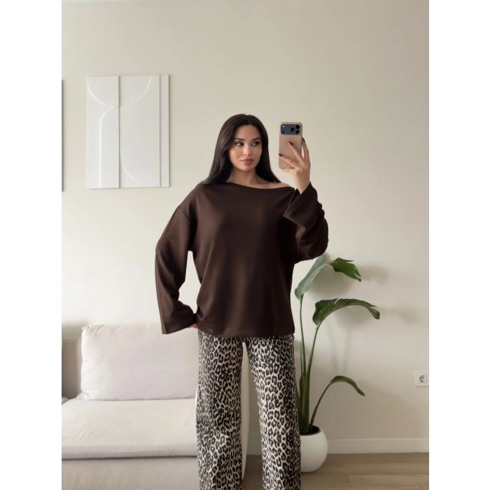 Kayık Yaka Oversize Sweat - KAHVE