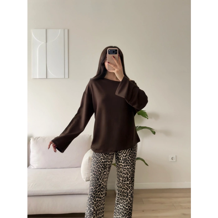 Kayık Yaka Oversize Sweat - KAHVE