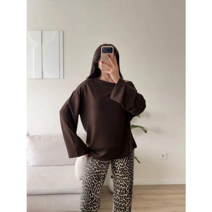 Kayık Yaka Oversize Sweat - KAHVE