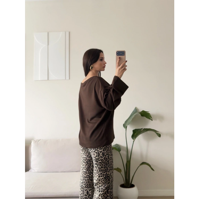 Kayık Yaka Oversize Sweat - KAHVE