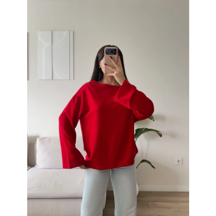 Kayık Yaka Oversize Sweat - KIRMIZI