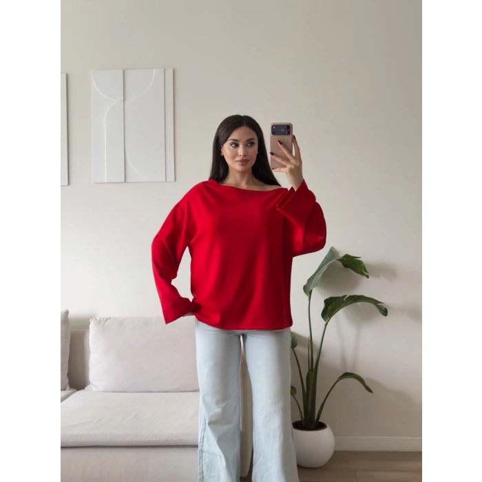 Kayık Yaka Oversize Sweat - KIRMIZI