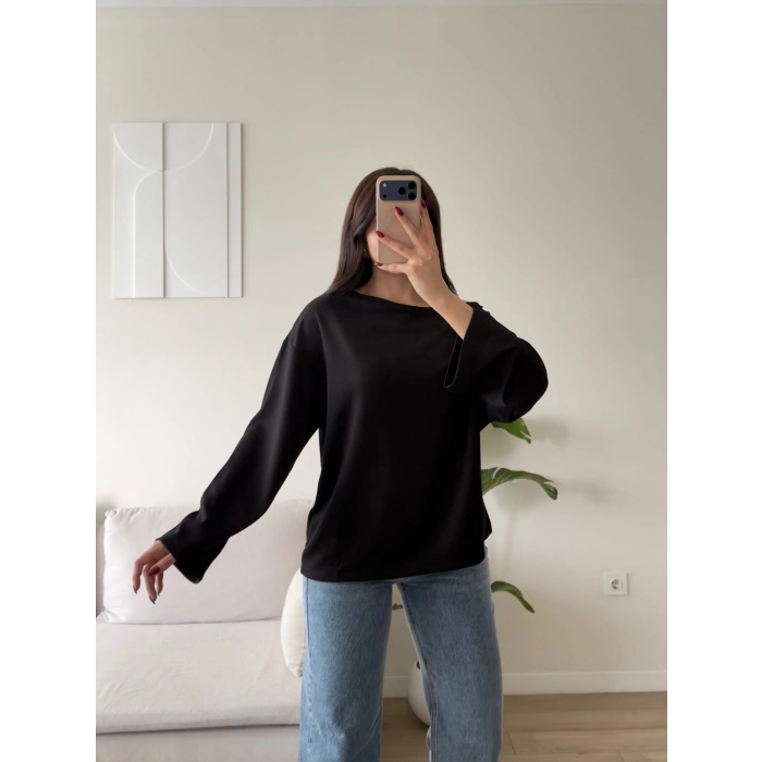 Kayık Yaka Oversize Sweat - SİYAH