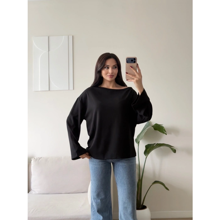 Kayık Yaka Oversize Sweat - SİYAH