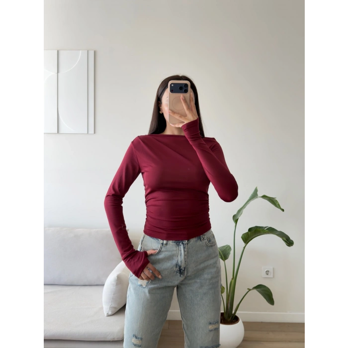 Kayık Yaka Parmak Geçmeli Bluz - BORDO