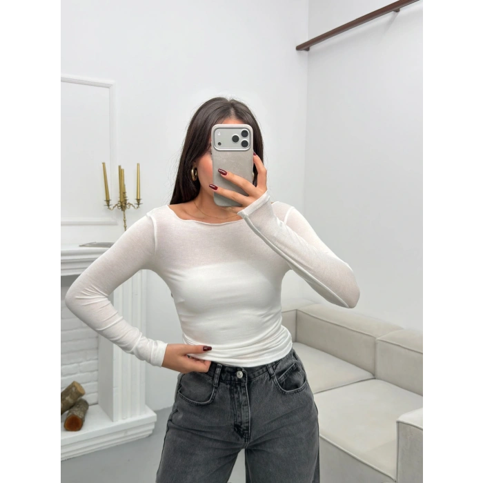 Kayık Yaka Transparan Bluz - BEYAZ