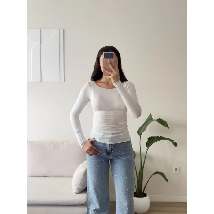 Kayık Yaka Transparan Bluz - BEYAZ