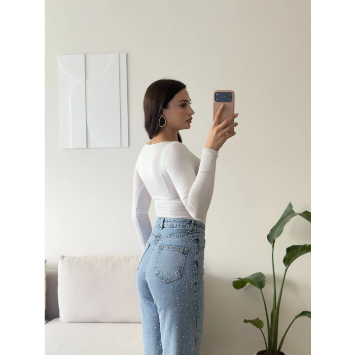 Kayık Yaka Transparan Bluz - BEYAZ
