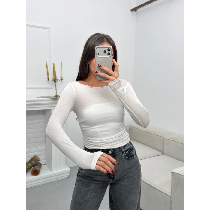 Kayık Yaka Transparan Bluz - BEYAZ