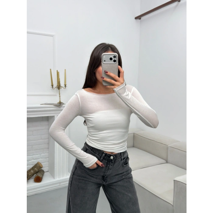 Kayık Yaka Transparan Bluz - BEYAZ