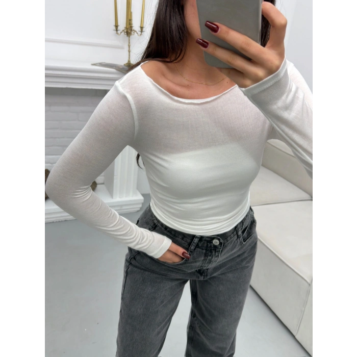 Kayık Yaka Transparan Bluz - BEYAZ