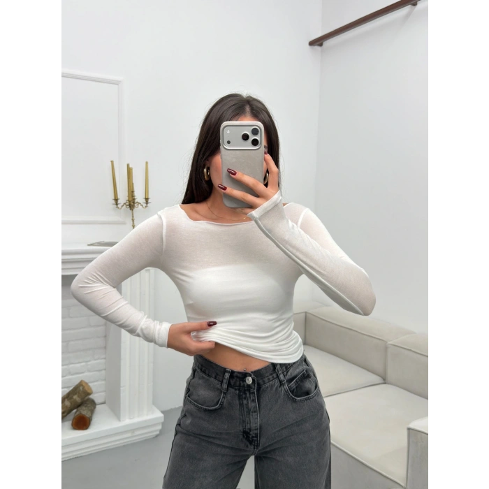 Kayık Yaka Transparan Bluz - BEYAZ