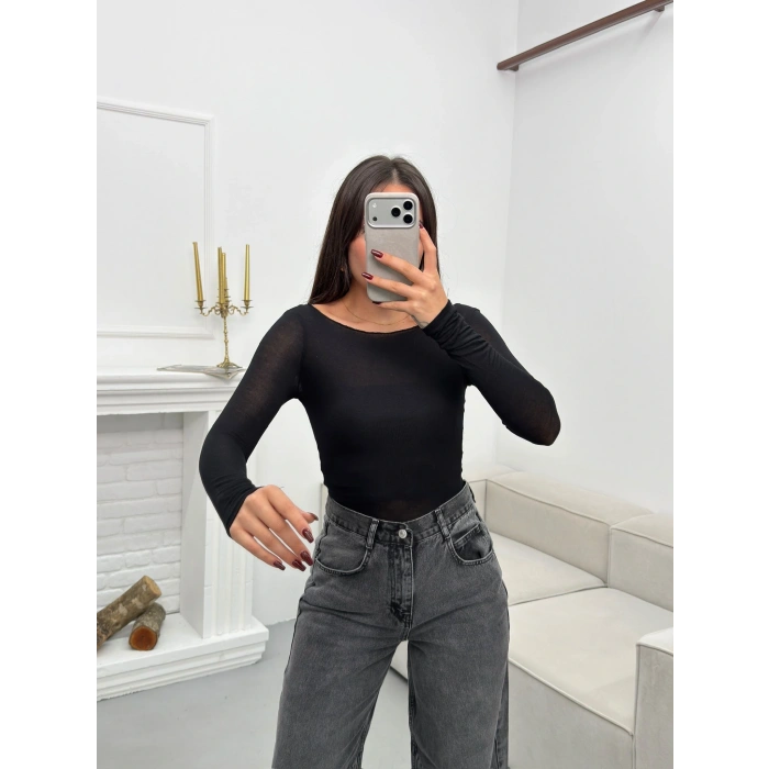 Kayık Yaka Transparan Bluz - SİYAH