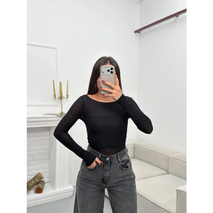 Kayık Yaka Transparan Bluz - SİYAH