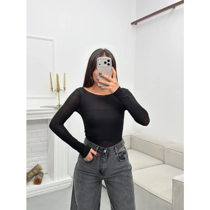 Kayık Yaka Transparan Bluz - SİYAH