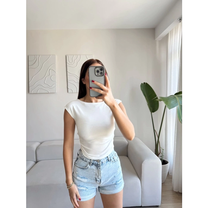 Yan Lastik Kayık Yaka Crop - BEYAZ
