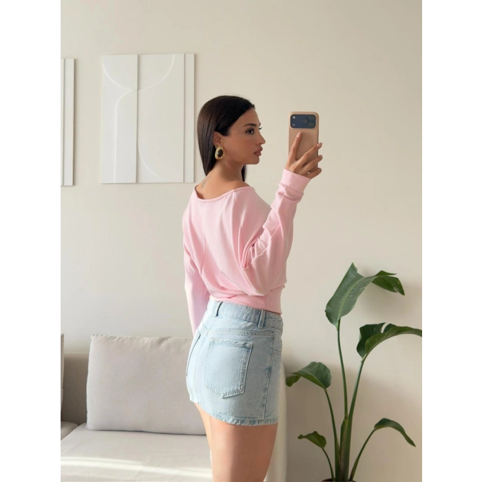 Kayık Yaka Yarasa Kol Bluz - PEMBE