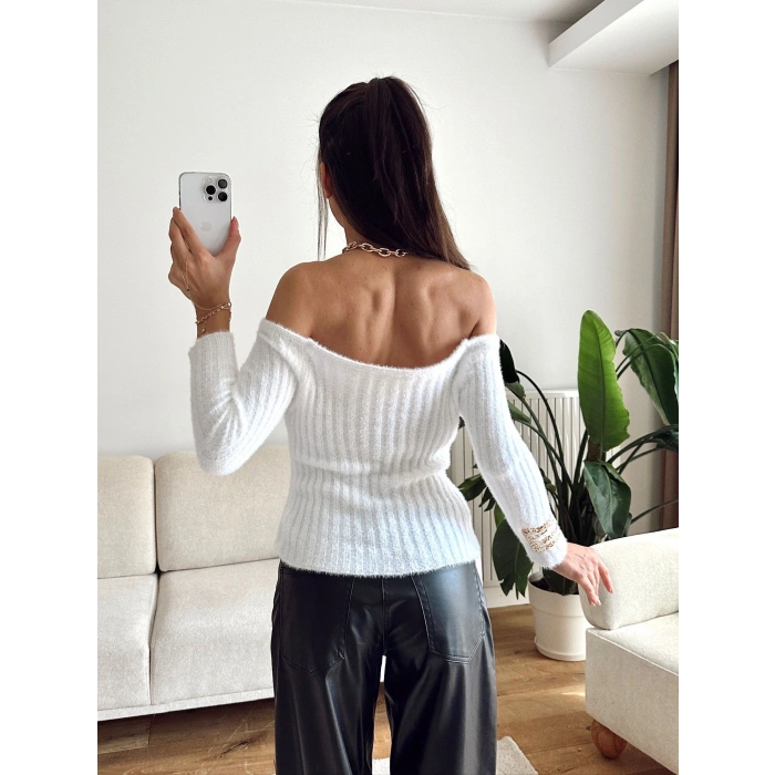 Kayık Yaka Yumoş Crop - BEYAZ