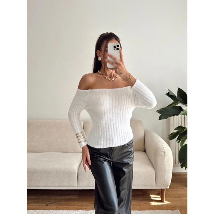 Kayık Yaka Yumoş Crop - BEYAZ