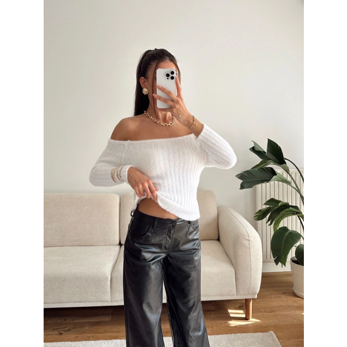 Kayık Yaka Yumoş Crop - BEYAZ