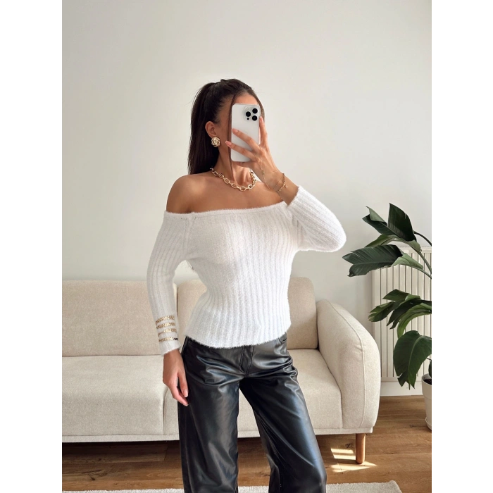 Kayık Yaka Yumoş Crop - BEYAZ